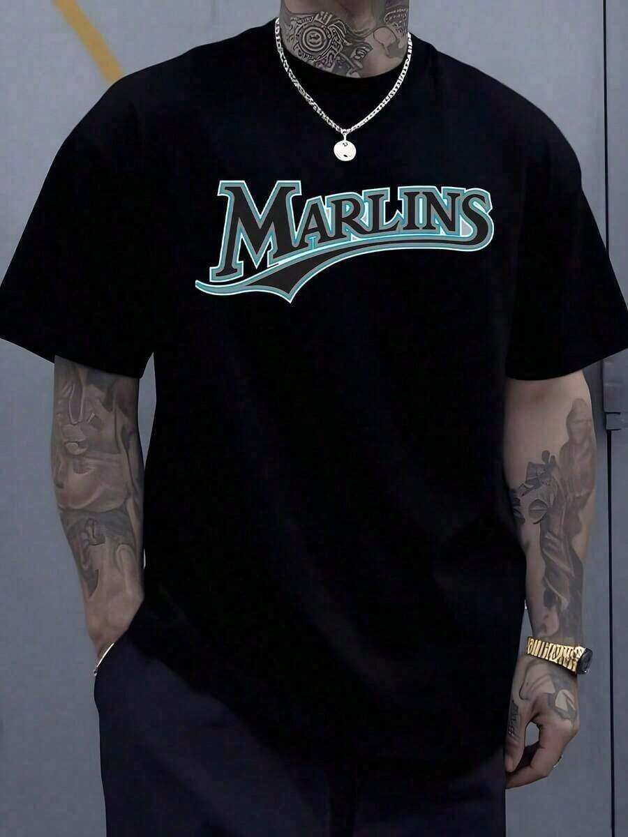 1 Men's Sports T-Shirt With Graphic Logo, 220g, Streetwear, 100% Cotton, Digital Print, Marlins-Inspired, Casual Hip-Hop Oversized Short-Sleeve T-Shirt - 黑色 - 查看 1