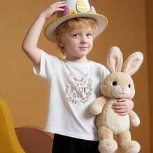 Camisetas de algodón para niños, suaves y casuales, con cuello redondo, diseño de DADDY BUNNY, estilo acuarela, con estampado de cabeza de conejo y corona floral, temática de Pascua. Color negro. - Blanco - Ver 1