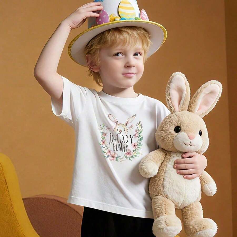 Camisetas de algodón para niños, suaves y casuales, con cuello redondo, diseño de DADDY BUNNY, estilo acuarela, con estampado de cabeza de conejo y corona floral, temática de Pascua. Color negro. - Blanco - Ver 1