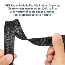 Mangas de cable de telar de alambre trenzado expandible de PET de 100 pies a 1/4 pulgadas, funda de alambre para automoción, protector de alambre, organizador de alambre de computadora para el hogar, oficina, cable  de audio, negro - Negro puro - Ver 3