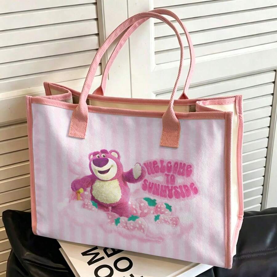 Miniso Toy Story Lotso Tote Bag - "Welcome To Sunnyside" Print Canvas Shoulder Bag, Large Capacity Handbag For Work, School, Travel & Shopping - Pink - View 1