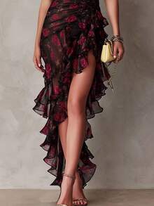 Spaghetti Strap Rose Print Mesh Midi Dress With Scallop Trim, Ruched Waist & Asymmetrical Ruffle Hem, Bodycon & Slit Detail, Elegant & Romantic Style, Evening & Date Night Wear, Lightweight & Sheer Fabric,  & Fashion - Hoa đen và đỏ - Xem 6