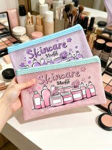 Bolsa de maquilhagem em malha com letra "Skincare Stuff", com padrões de cuidados da pele impressos, bolsa de higiene pessoal, bolsa de arrumação multifuncional, estojo de arrumação, organizador de maquilhagem portátil, bolsa de arrumação para produtos de cuidados da pele, essencial de viagem, mala de viagem, mala de maquilhagem de viagem, essencial para a volta às aulas - Multicolorido - Ver 1