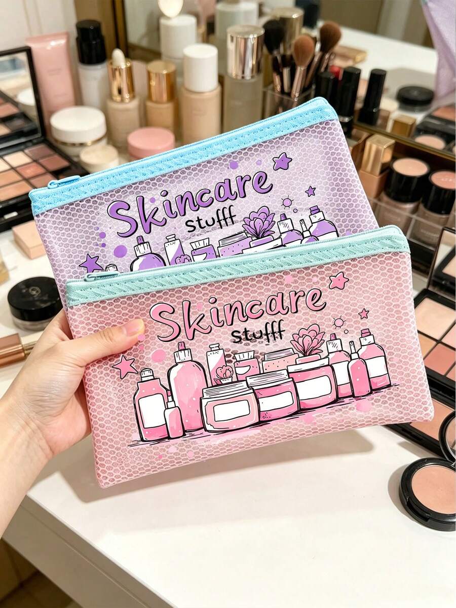 Bolsa de maquilhagem em malha com letra "Skincare Stuff", com padrões de cuidados da pele impressos, bolsa de higiene pessoal, bolsa de arrumação multifuncional, estojo de arrumação, organizador de maquilhagem portátil, bolsa de arrumação para produtos de cuidados da pele, essencial de viagem, mala de viagem, mala de maquilhagem de viagem, essencial para a volta às aulas - Multicolorido - Ver 1