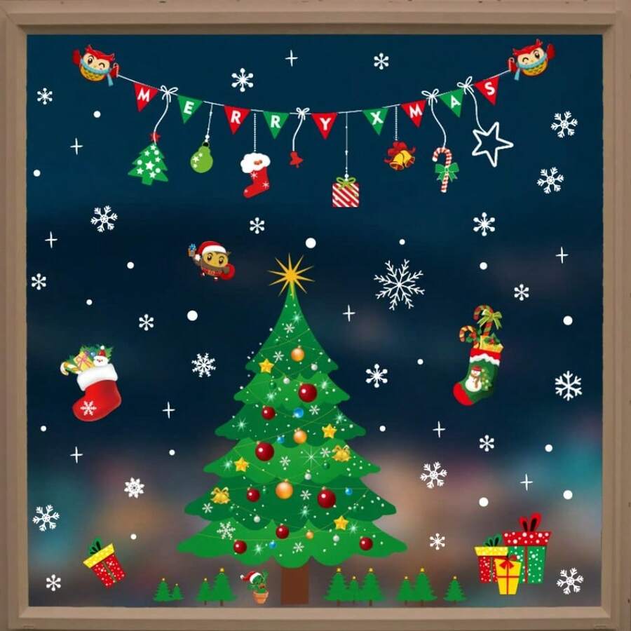 Pegatinas para Ventana de Navidad, Pegatina Estática Reutilizable de PVC, Decoración Navideña, Incluyendo Santa, Muñeco de Nieve, Globo, s de, etc - Arbol Navidad - Ver 1