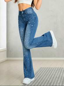 PETITE Women's Washed Stretch Denim Flare Pants, Featuring Heat Transfer Printing, Suitable For Concert Stage Wear - Medium Wash - View 4