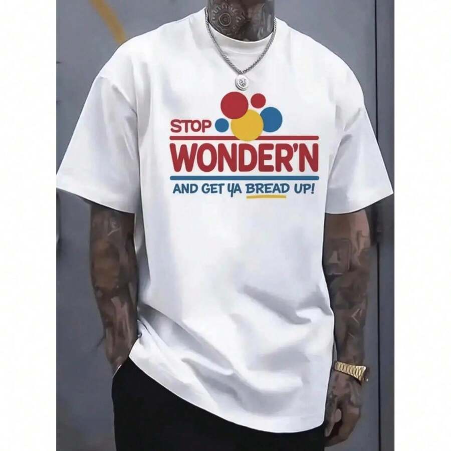Camiseta gráfica divertida para hombre con diseño de una rebanada de pan con caras sonrientes y la frase "Deja de preguntarte y coge tu pan". - Blanco - Ver 1