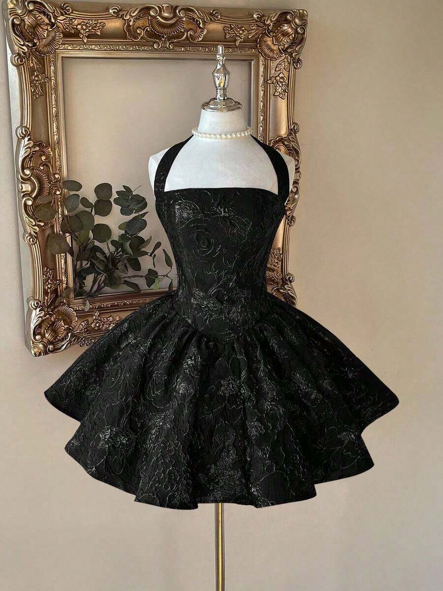 Lovelzi Vestido elegante, romántico y de moda de tela jacquard burdeos con escote halter, espalda descubierta y manga larga en corte evasé, adecuado para ceremonia de graduación, apertura de escuela, festival de música, fiesta de cumpleaños, boda, té de la tarde, baile de graduación