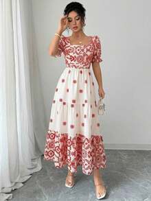 MEXElenzga Vestido casual/de trabajo de manga corta con cuello cuadrado y cintura ceñida en línea A con estampado para mujerMEX WAW2 - Marrón - Ver 10
