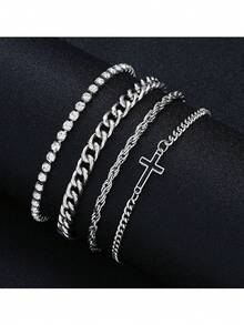 Set de 4 piezas de tobillera minimalista de acero inoxidable con cadena de circonita, regalo para mujeres, adecuado para citas, vacaciones y uso diario - Plateado - Ver 2