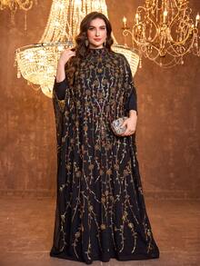 Đầm dạ hội thanh lịch bằng chiffon dáng ôm, cổ chữ V, tay bồng, thắt eo của SUPGIR dành cho nữ. - Vàng - Xem 1