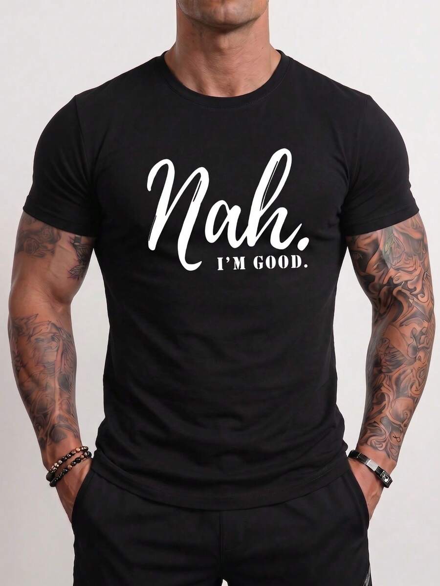 ZYNTH BALENO Men's Summer Fashion Letter Print Round Neck Short Sleeve T-Shirt, Suitable For Gym, Outdoor Sports - Black - View 1