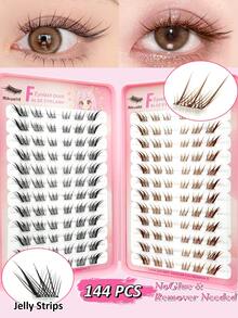 Rikuaild 144pcs Self-Adhesive Cluster False Eyelashes, Pre-Glued Eyelashes, Jelly Strip Pre-Glued Individual Eyelashes, Cartoon Style Natural Segmented Eyelash Extensions, Suitable For Beginners DIY - C - View 1