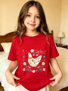 Diseño de patrón de círculo de pájaros y flores Camiseta para niña - Rojo - Ver 7