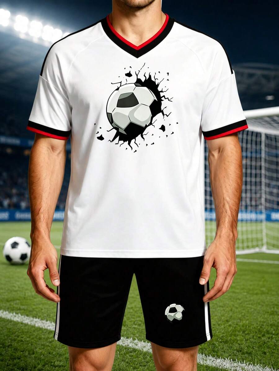 World Cup 2026 1pc Tween Boy World Cup Football Graphic Short Sleeve T-Shirt, Young Student Casual Wear, Boys Summer Top Men's T-Shirts - 白色 - 查看 1