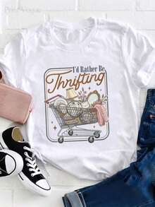 Women's And Unisex "I'd Rather Be Thrifting" Thrift Store T-Shirt - Soft, Breathable, Casual, Short Sleeve, Round Neck, Thrift Store Inspired Graphic Tee, Great Gift For Shopahol - 白色 - 查看 2