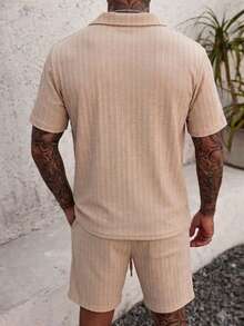Men's Casual Ribbed Short-Sleeve Button-Down & Shorts Resort Set - Beige - View 3