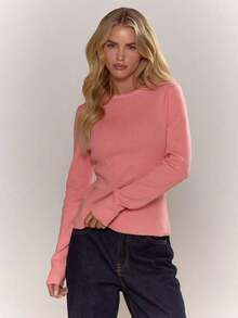 Top de cuello redondo de manga larga tejido, casual, para vacaciones, aeropuerto, días festivos, otoño, regreso a la escuela, elegante, primavera, verano - Rosa - Ver 1