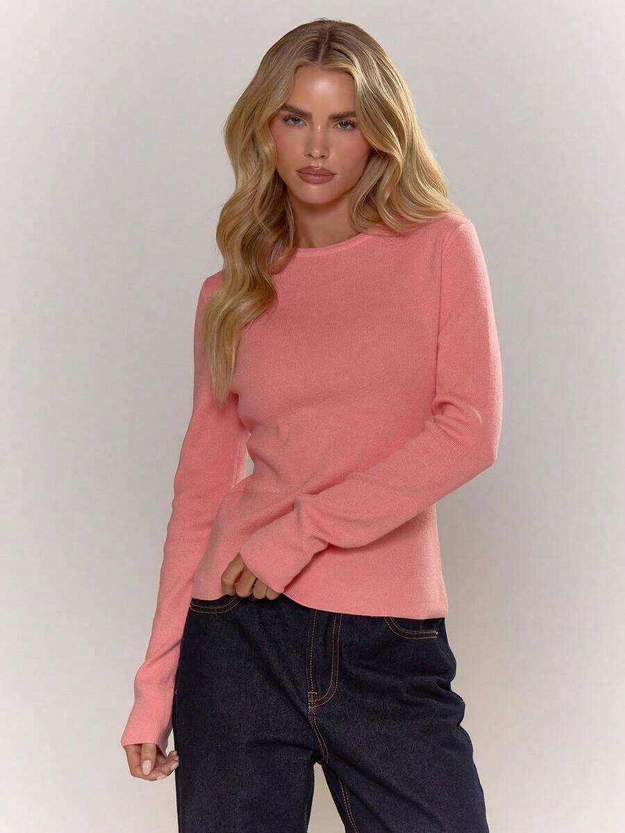 Top de cuello redondo de manga larga tejido, casual, para vacaciones, aeropuerto, días festivos, otoño, regreso a la escuela, elegante, primavera, verano - Rosa - Ver 1