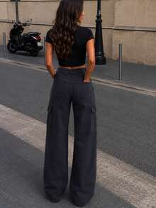 Women's Casual Wide Leg Cargo Jeans Long Woven Fabric With Medium Stretch For Fall Outfits - Black - View 1