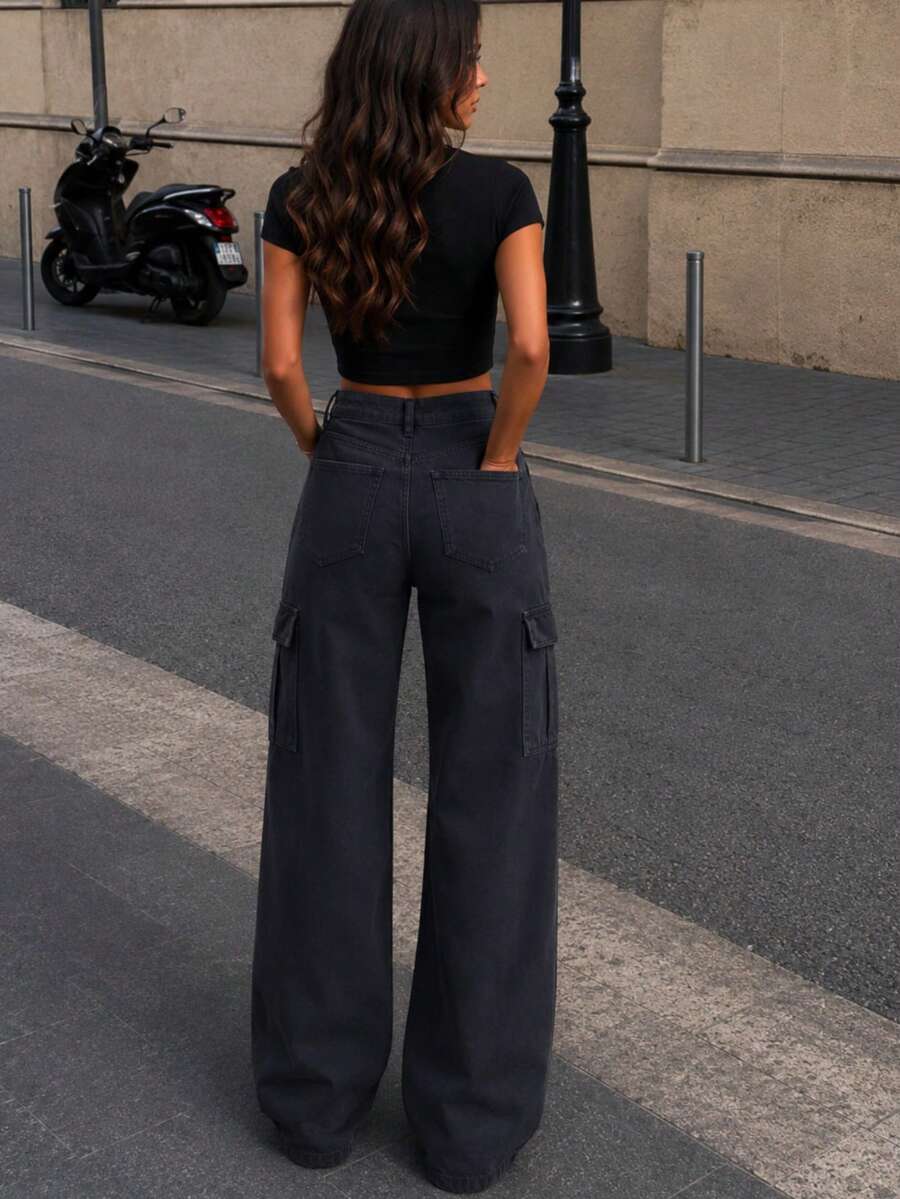 Women's Casual Wide Leg Cargo Jeans Long Woven Fabric With Medium Stretch For Fall Outfits - Black - View 1