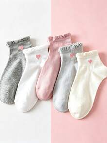 5 pares de calcetines cortos para mujer con borde de volantes y diseño de corazón, unicolor, paleta de colores dopamina, alta elasticidad, estilo soft girl, casual versátil para uso diario y desplazamientos de estudiantes - Multicolor - Ver 4