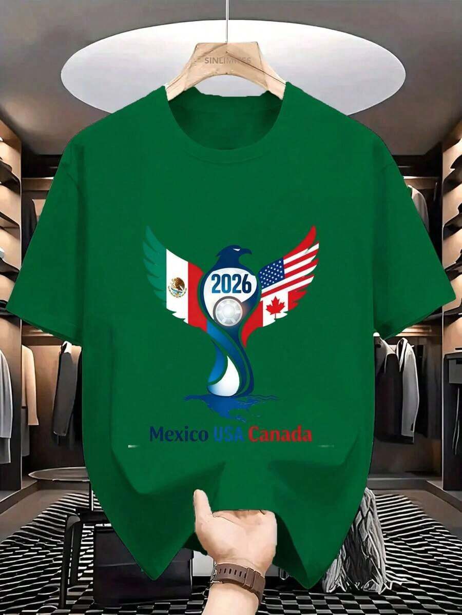 Women's Short-Sleeved, Crew-Neck T-Shirt With A Loose-Fitting Print Featuring An Eagle And The 2026 World Cup Ball, Inspired By The Flags. A Casual, Sporty Top, Perfect As A Basic Blouse For Everyday Outfits. A Versatile Garment In The Women's Clothing And Women's Activewear Categories. Suitable For Spring, Summer, And Autumn. - 綠色 - 查看 1