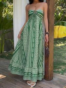 Vestido Halter Rosa para Mujer , Estilo Bohemio Romántico y Elegante para Vacaciones en la Playa, Primavera/Verano - Verde militar - Ver 4