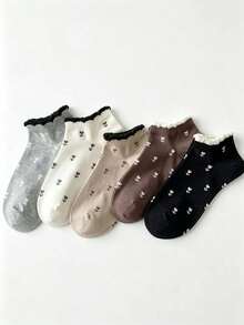 1 Pair/5 Pairs Women's Sweet Ruffle Floral Jacquard Short Socks, Japanese Style Soft Milk Coffee Color Slouch Socks - Multicolor - View 9