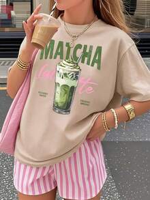 Women's T-Shirt Made Of Pure Cotton, Y2K Style, Personalized And Fashionable, Loose Fit And Short Sleeves, Stylish American Urban Style, Comfortable Round Neck For Casual Daily Wear, Breathable, Sweet And Fresh Style, For Matcha Lovers, Summer Clothes With Creative Print, Gift For Outdoor Sports. - 黑色 - 查看 7
