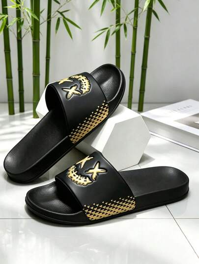 1 par de sandalias de deslizamiento con Body negro y cara dorada, versátiles, adecuadas para interiores, exteriores, playa, uso casual, transpirables y cómodas