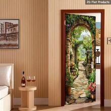 1/2pcs Self-Adhesive Removable Door Sticker - Garden Path With Stone Arch Scenery, PVC Vinyl Decorative Decal For Bedroom, Living Room, Bathroom, Glossy Green Plant Home Decor, High Gloss Wall Sticker, Harmonious Haven Theme, Easy Installation, Apartment Decor - A - View 5