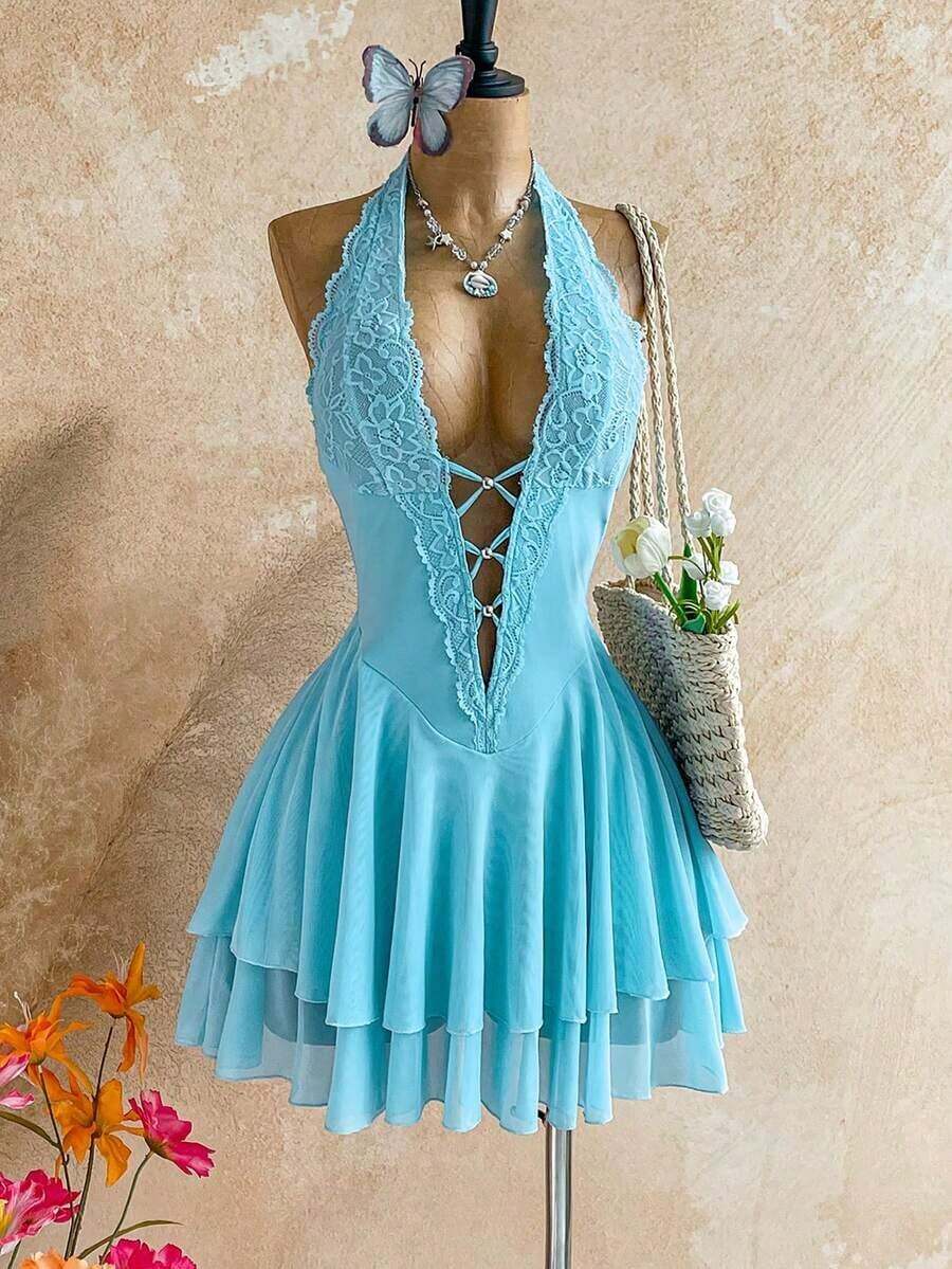 Vestido con cuello de halter con empalmado de encaje, estampado floral y de cebra para mujer - Azul - Ver 1
