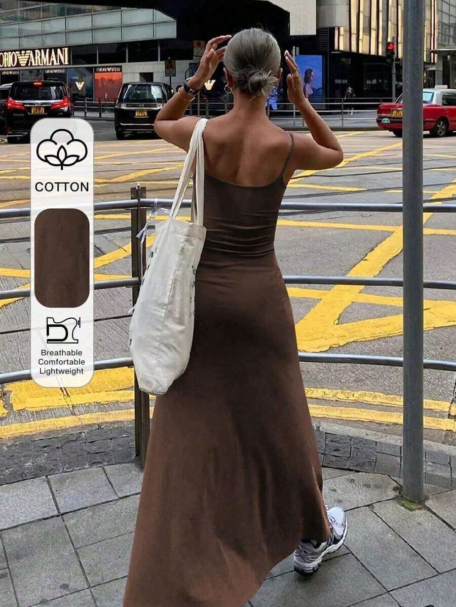 Nuevo vestido largo de mujer de unicolor para playa y resort de verano - Marrón - Ver 1