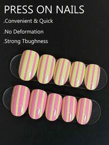 24 buah kuku palsu oval bergaris pink dan kuning, dengan desain dua warna macaron, kuning dan pink lembut dipadukan dengan pola French bergaris, menciptakan suasana musim semi yang segar dan ceria. Sempurna untuk perjalanan sehari-hari, jalan-jalan musim semi, pesta, dan hadiah ideal untuk pecinta nail art dan keluarga! Dekorasi kuku, kuku palsu oval! - MultiWarna - View 3