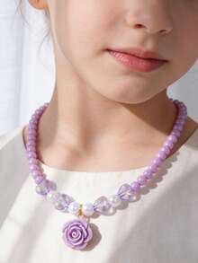 1Pc Preppy Dopamine‑Style Floral Beaded Necklaces, Girls Colorful Rose Pendant Faux Pearl Choker Set For Daily Wear - Multicolor - View 3