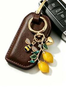 Handmade Enamel Lemon Pendant With Bee And Heart Elements - Bohemian Vacation Style. Enamel And Resin Casting, Rhinestone Inlaid, Italian Lemon Jewelry, Refreshing Alloy Pendant, Hawaiian Style. Suitable For Backpack, Wallet Decoration - Multicolor - View 6
