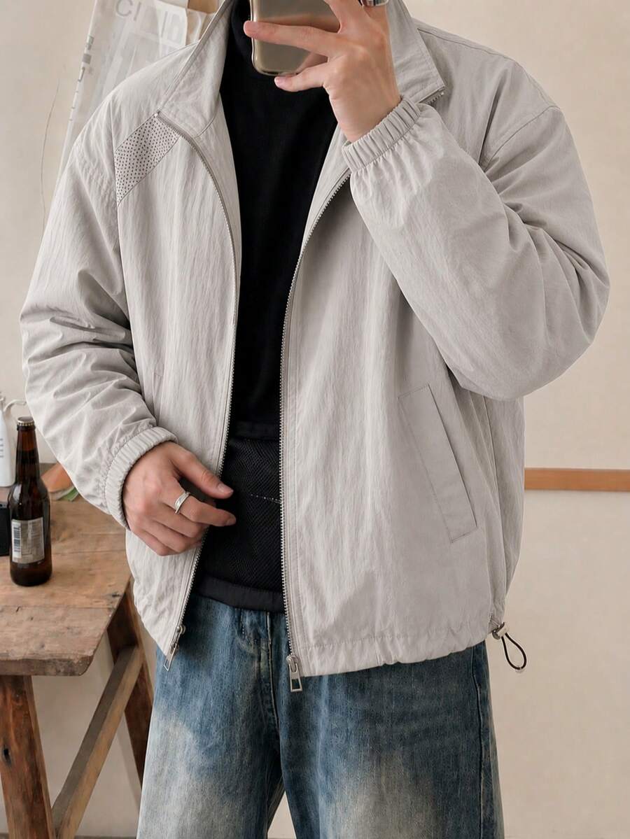 1pc Men's Jacket, Light Gray Mesh Splice Stand Collar Zipper Jacket, Woven Fabric Comfortable, Non-Pilling, Non-Stuffy, American Casual Outdoor Functional Style, Suitable For Daily Commute, Spring And Autumn, Outdoor Activities - Light Grey - View 1