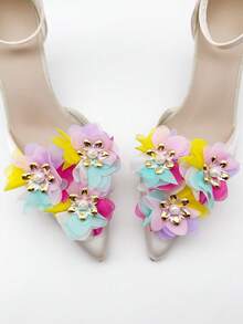 2 pièces Nouveaux clips de chaussures élégants et colorés avec fleurs en strass détachables - Parfaits pour les mariages, les fêtes de mariée et les talons hauts - Multicolore - Voir 10