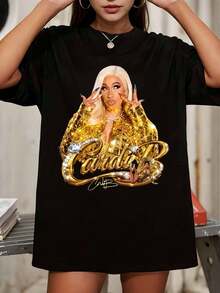 Cardi BB Golden Era Vintage Graphic Oversized Black T-Shirt - Black - View 1