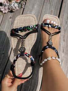 WRCVS Große Größen breite schwarze flache Sandalen, handgewebte Urlaubs-Sandalen, bohemische Strandschuhe, Boho, Sommerschuhe - Schwarz - Übersicht 1