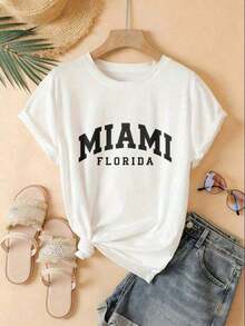 Camiseta de algodón% con estampado divertido y cuello redondo, Miami Florida, unisex, de manga corta, color negro, estilo casual, para hombres y mujeres, adecuada para eventos deportivos, fiestas, deportes y otros regalos navideños, ropa de verano para mujeres. - Blanco - Ver 6