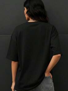 Women's Fashionable Loose Fit Short Sleeve T-Shirt | Exquisite Design | Summer Essential | Easy To Match | Show Off Your Style - 黑色 - 查看 2