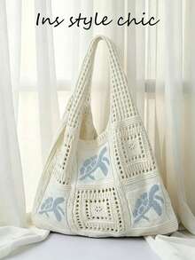 Borsa a spalla in jacquard floreale traforato, texture intrecciata premium traspirante, dettagli in uncinetto fatti a mano raffinati. Perfetta per studentesse, giovani donne casual e amanti delle vacanze. Ideale per vacanze al mare, viaggi costieri, shopping quotidiano, passeggiate casual e attività all'aperto - Blu - Visualizzare 1