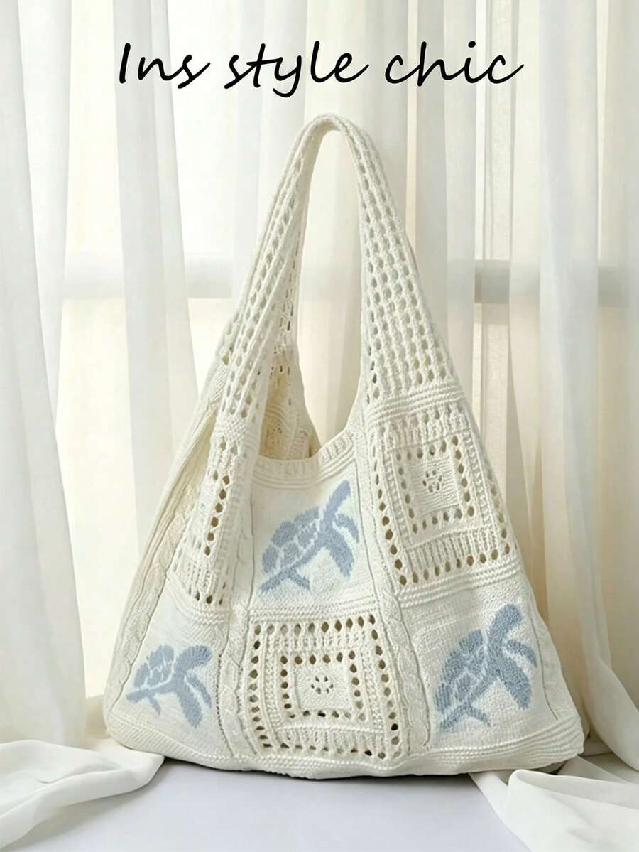 Borsa a spalla in jacquard floreale traforato, texture intrecciata premium traspirante, dettagli in uncinetto fatti a mano raffinati. Perfetta per studentesse, giovani donne casual e amanti delle vacanze. Ideale per vacanze al mare, viaggi costieri, shopping quotidiano, passeggiate casual e attività all'aperto - Blu - Visualizzare 1