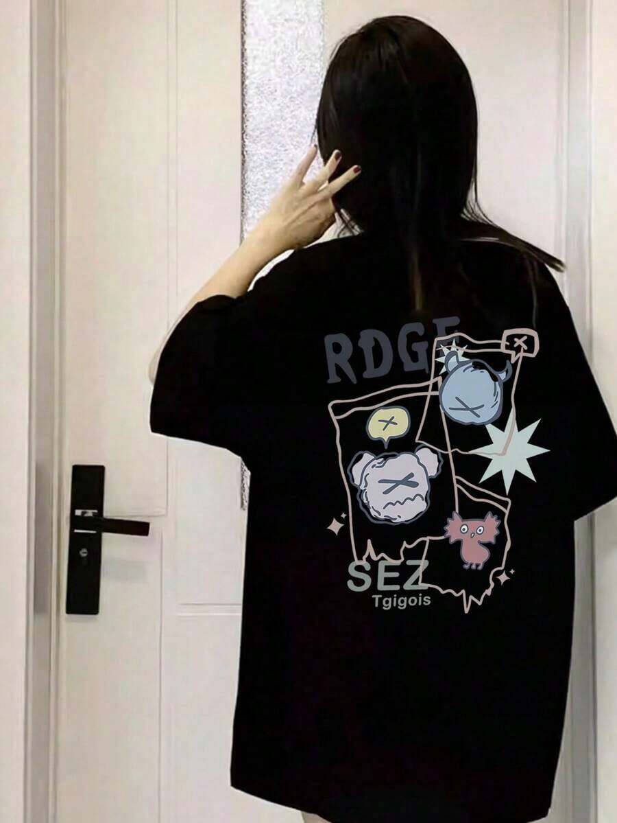 Basic T-Shirts For Women, Oversized T-Shirts, Casual T-Shirts For Women, Funny T-Shirt, Limited Time Offer, Women's Short Sleeve T-Shirt, Japanese Style, Round Neck, Loose Fit, Casual, Versatile, Cartoon Print, White, Spring/Summer. 7N4N - 黑色 - 查看 1