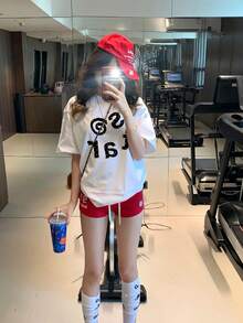 美式字母印花女款T恤上衣，休閒百搭，夏季短袖白色 - 白色 - 查看 3