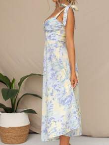 Nuevo vestido midi estampado con escote V y tirantes 2026 estilo euroamericano, ajustado, cintura marcada y efecto adelgazante - Azul - Ver 2