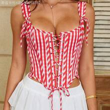 Fengyu Women's Clothing Store  Camiseta sin espalda asimétrica con cordones y detalles de anillo en color rojo a cuadros, adecuada para fiestas, festivales de música, uso diario y vacaciones de verano - Azul - Ver 4