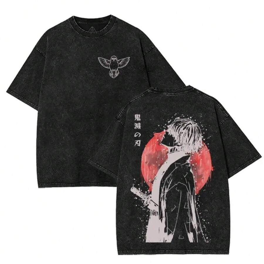 New Retro Heavyweight T-Shirt With Comfortable Fabric, Valentine's Day T-Shirts, Oversized Double-Sided Anime Print T-Shirt, Hoodie, Crew Neck T-Shirt, Graphic Tees, 90s Streetwear Style Cotton Top, Classic Men's Clothing, Seamless And Soft. The Best Gift For Friends. - 黑色 - 查看 1